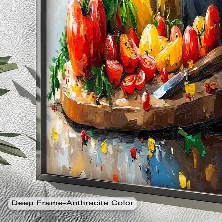Tomato & Olive Oil Kitchen Art – Colorful Framed Oil Painting