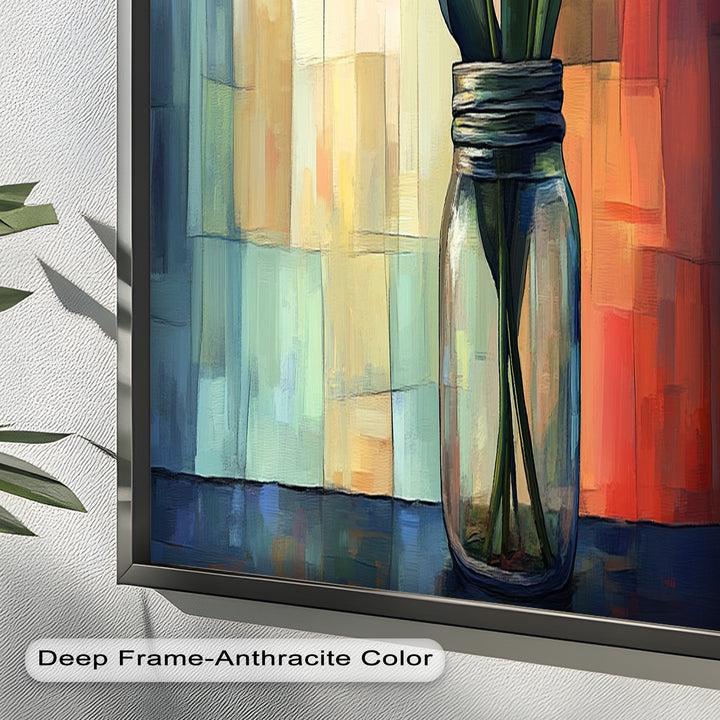 Red and Orange Tulips in Glass Vase – Bold Floral Oil Painting