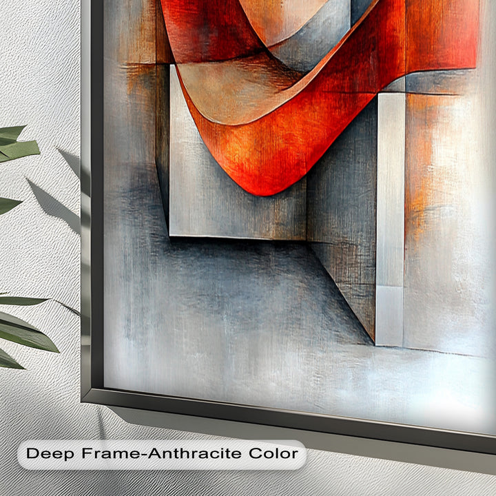 Geometrische Kunst in Weiß und Rot – Modernes gerahmtes Ölgemälde