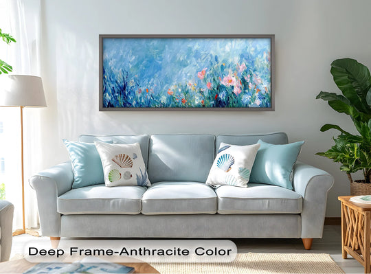 Negative space accentuates the airy, dreamy quality of the abstract floral oil painting wall art, enhancing the vibrant blooms and soft blues in this piece.
