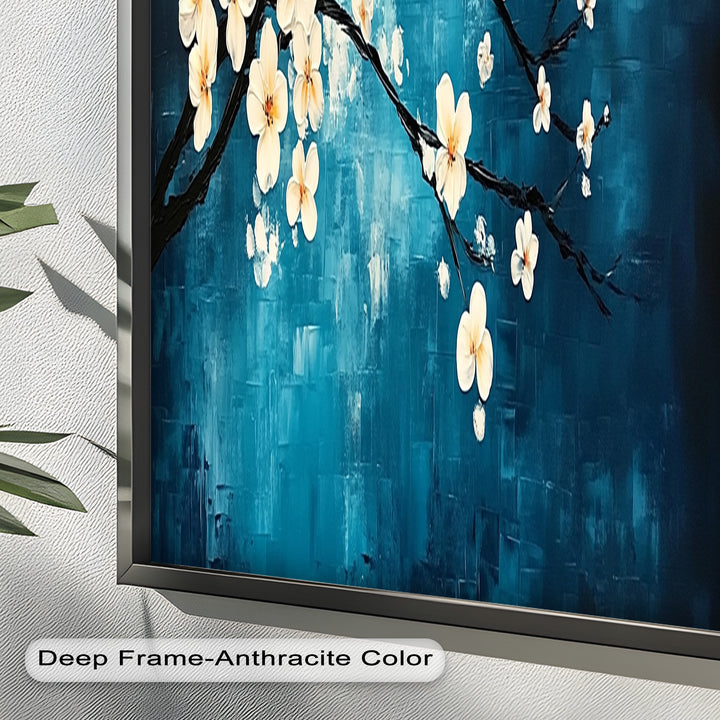White Blossoms on Blue Wall Art – Floral Oil Painting