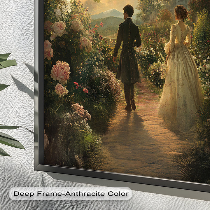 Victorian Lovers at Twilight – Romantic Garden Walk Oil Painting