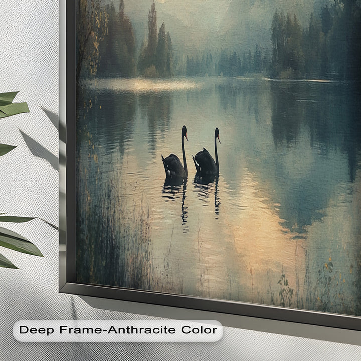 Black Swans on a Mountain Lake – Modern Oil Painting
