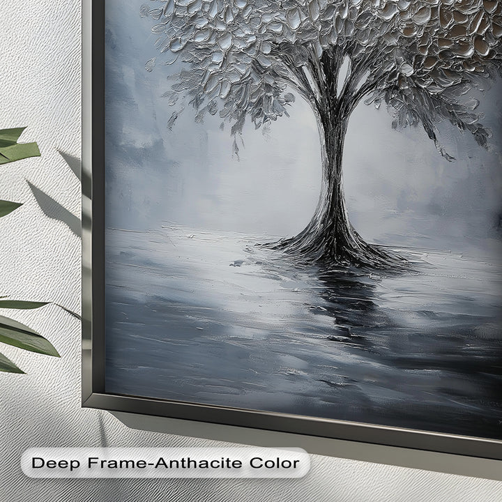 Silver Stillness – Tree in Monochrome Abstract Oil Painting
