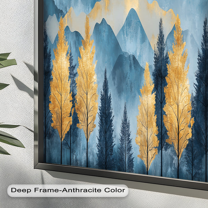 Blaue und goldene Aquarell-Berglandschaftskunst – Atemberaubende Ölgemälde