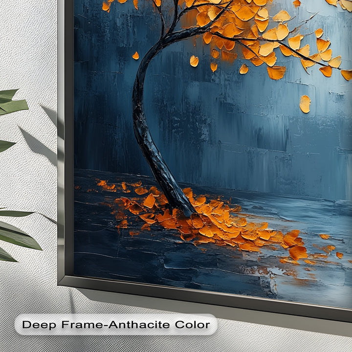 Golden Drift – Bernsteinbaum vor blauem abstraktem Ölgemälde