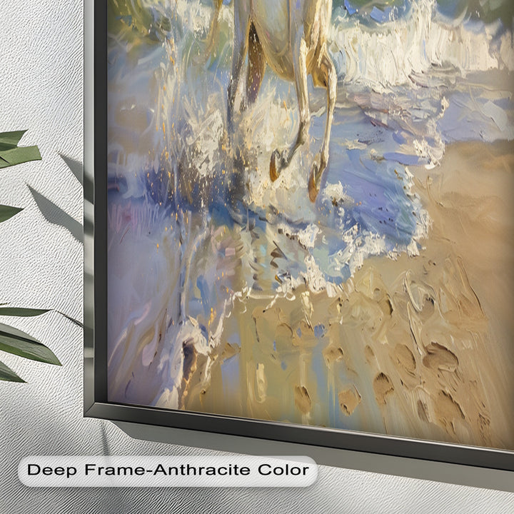 White Horse Galloping on Beach – Dynamic Oil Painting