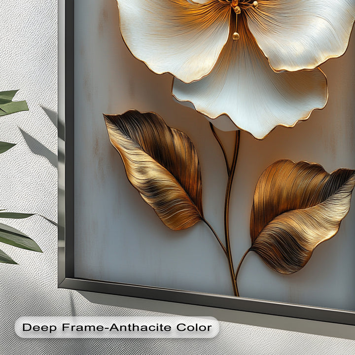 Golden Glow Bloom – White and Gold Flower Oil Painting