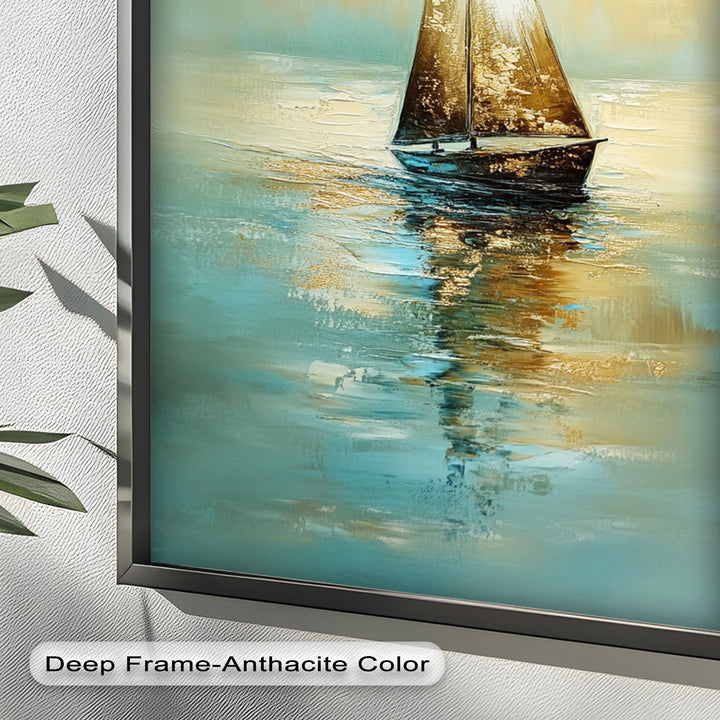 Golden Drift – Ruhiges Segelboot bei Sonnenaufgang, Boot-Ölgemälde