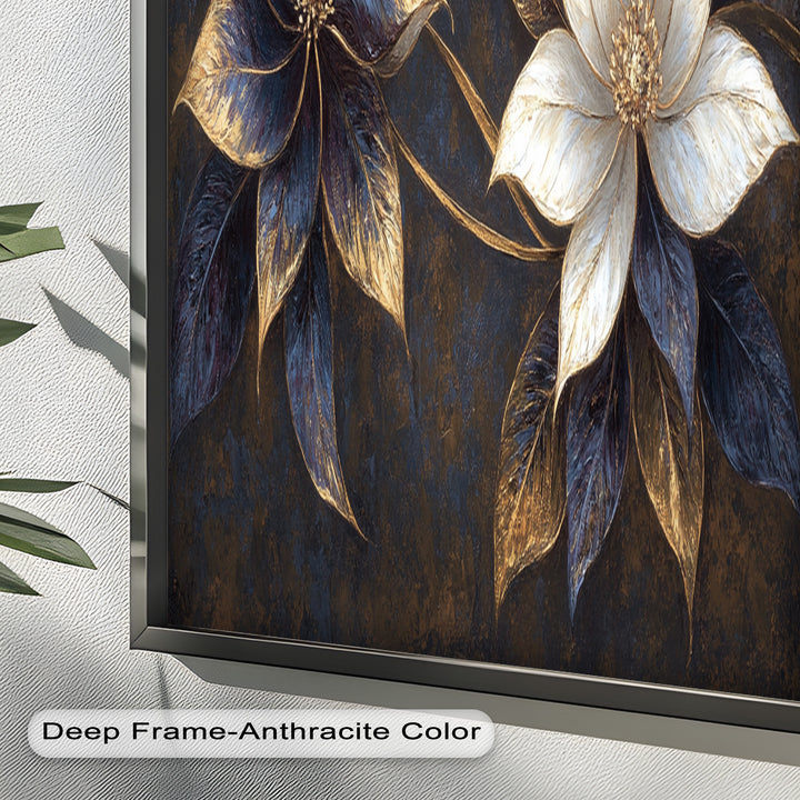 Blue Floral Stained Art – Botanical Oil Painting