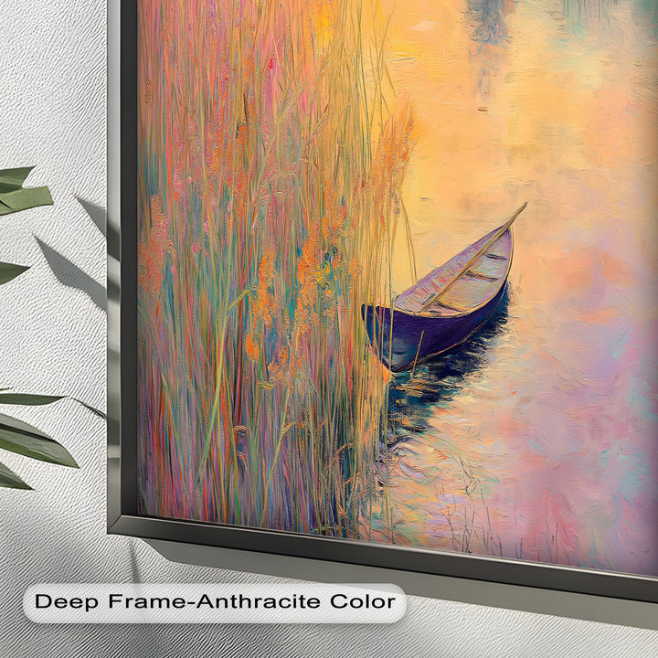 Golden Reeds and Sunset Rowboat – Impressionist Oil Painting