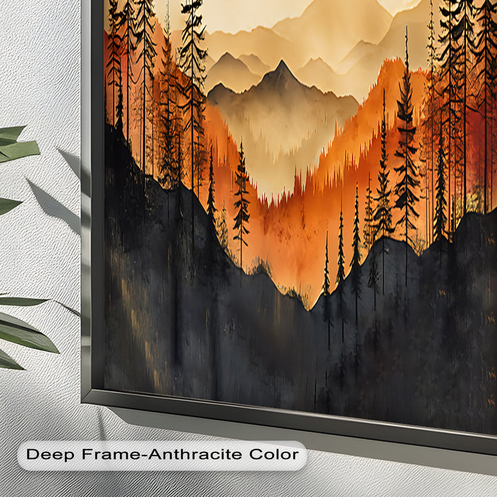 Red Sunset Landscape - Forest Oil Painting