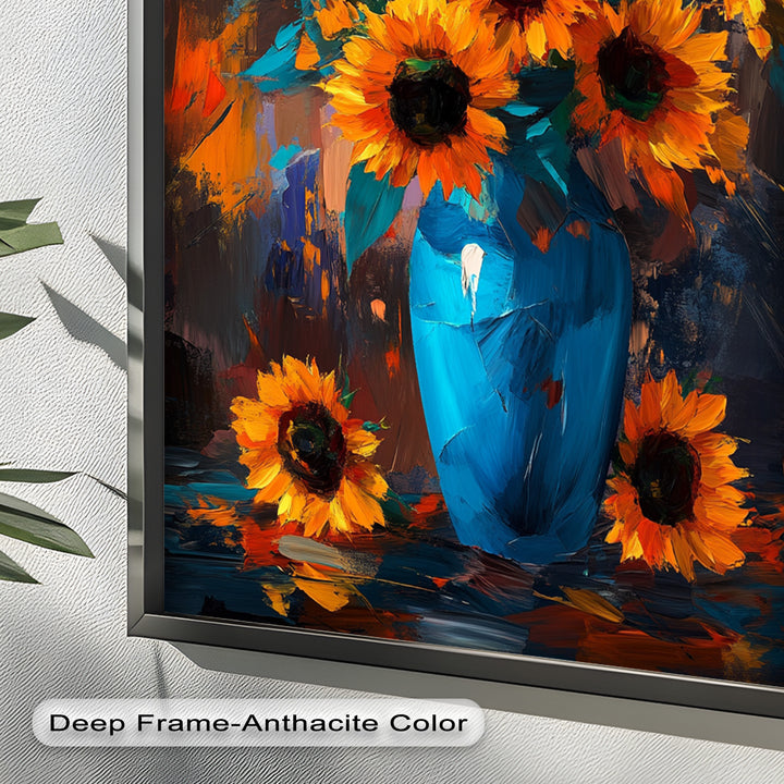 Sunlit Joy – Bold Sunflowers in Blue Vase Oil Painting