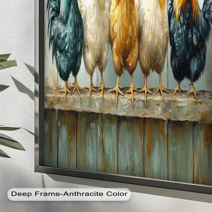 Colorful Roosters on a Wooden Fence – Animal Oil Painting
