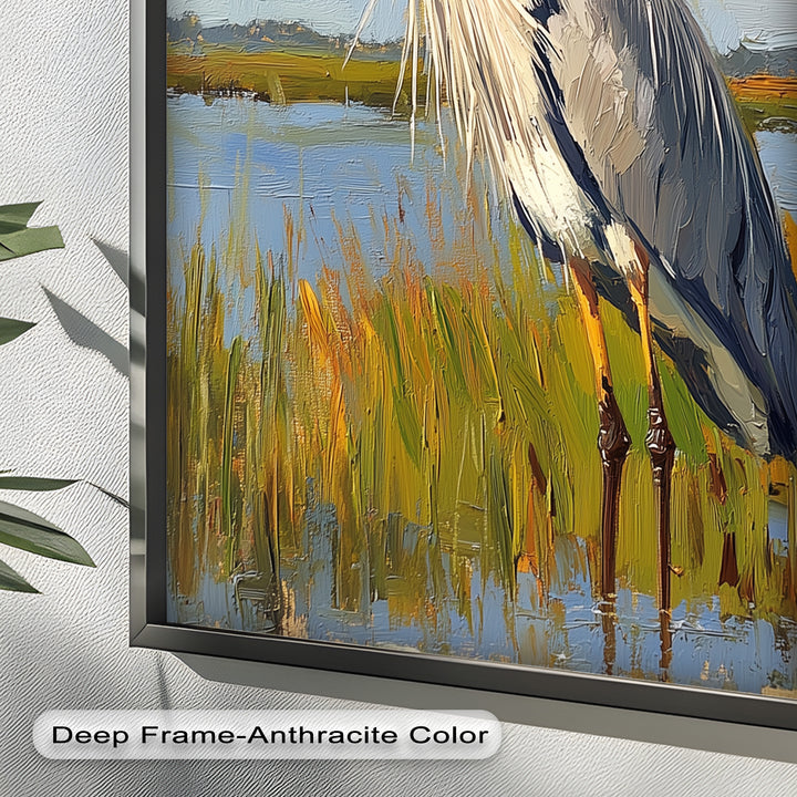 Heron in Sunlit Wetlands – Modern Oil Painting