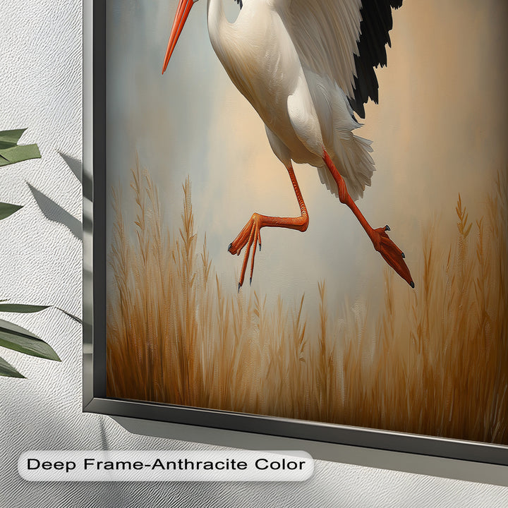 Stork in Flight over Golden Grasses – Animal Oil Painting