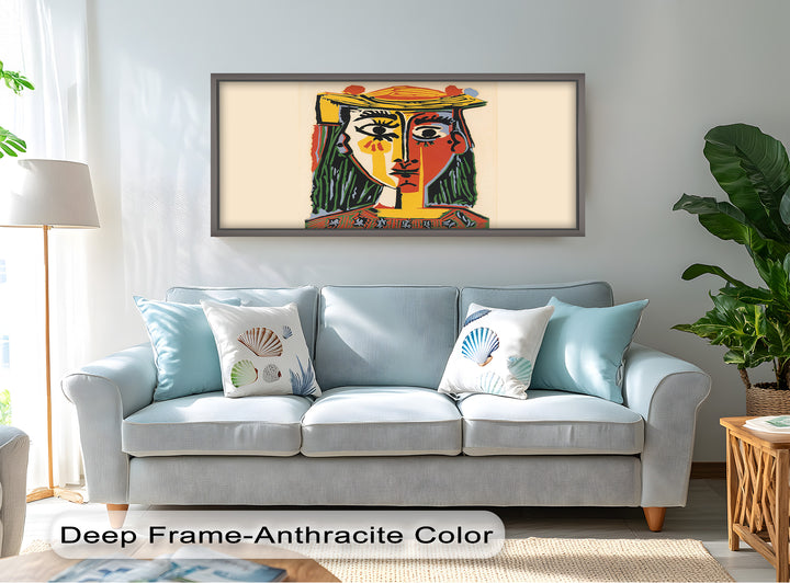 An iconic cubist composition showcasing a stylized woman with intense eyes, angular features, and a crown-like hat.