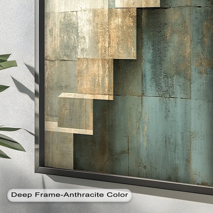 Geometrische Schritte Abstrakt – Blau &amp; Beige Modernes Ölgemälde