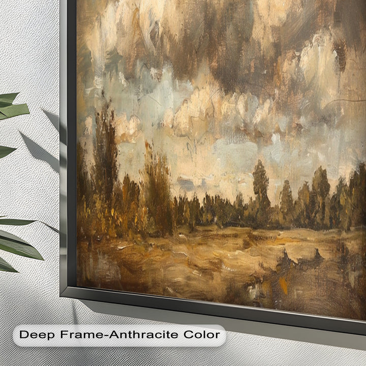 Weite Landschaft mit grauen Wolken – Ruhige Natur Ölgemälde