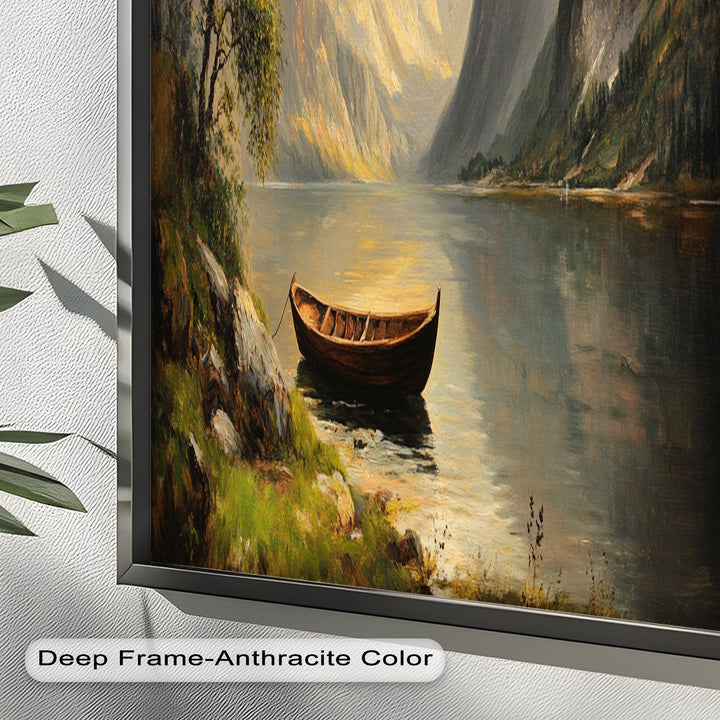 Ruhige Passage – Bergsee mit Holzboot Ölgemälde