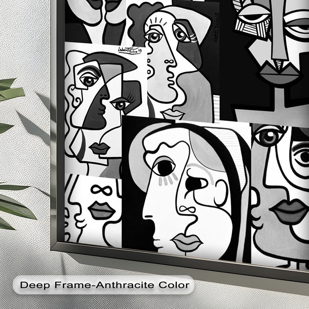 Monochrome Muse – Picasso-inspiriertes Ölgemälde mit kubistischen Gesichtern