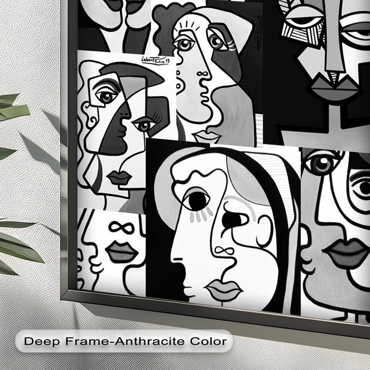 Monochrome Muse – Picasso-inspiriertes Ölgemälde mit kubistischen Gesichtern