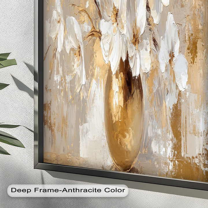 Golden Vase with White Florals – Flower Oil Painting