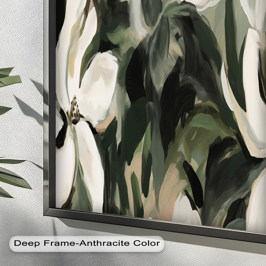 Cream Blooms in Forest Green - Flower Oil Painting