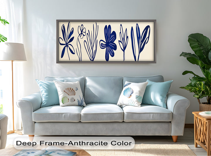 Indigo Bloom Line Art – Minimalistisches florales Ölgemälde