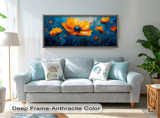 Highlighting the layering effect, this modern oil painting art showcases vibrant orange flowers against a deep blue backdrop, creating dimensional floral art.