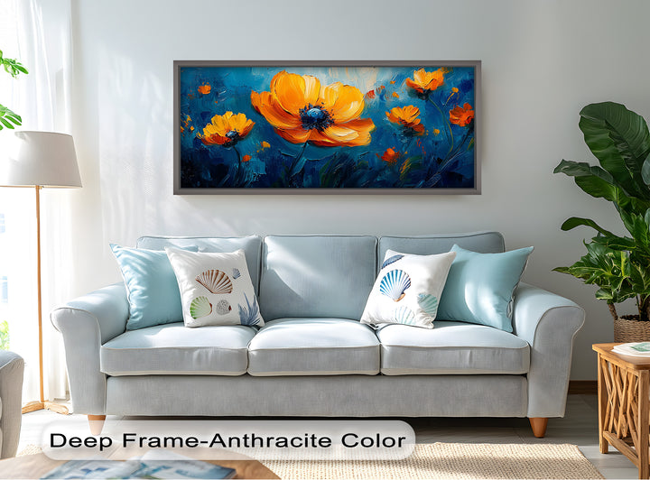 Orange Flowers on Deep Blue - Flower Oil Painting