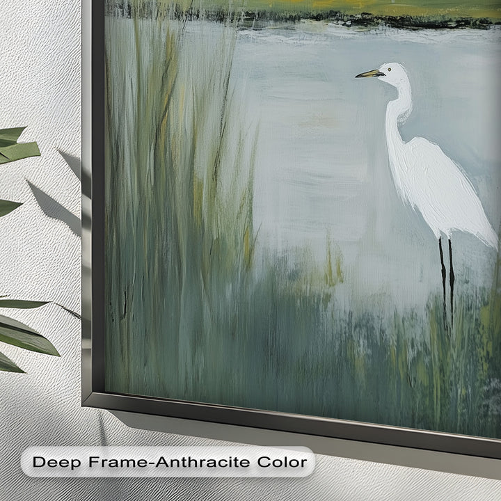 Egret by the Marsh – Minimalist Landscape Oil Painting