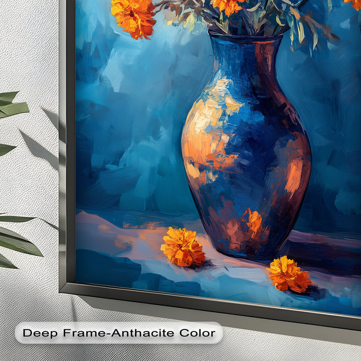 Golden Marigolds in Midnight Blue – Flower Oil Painting