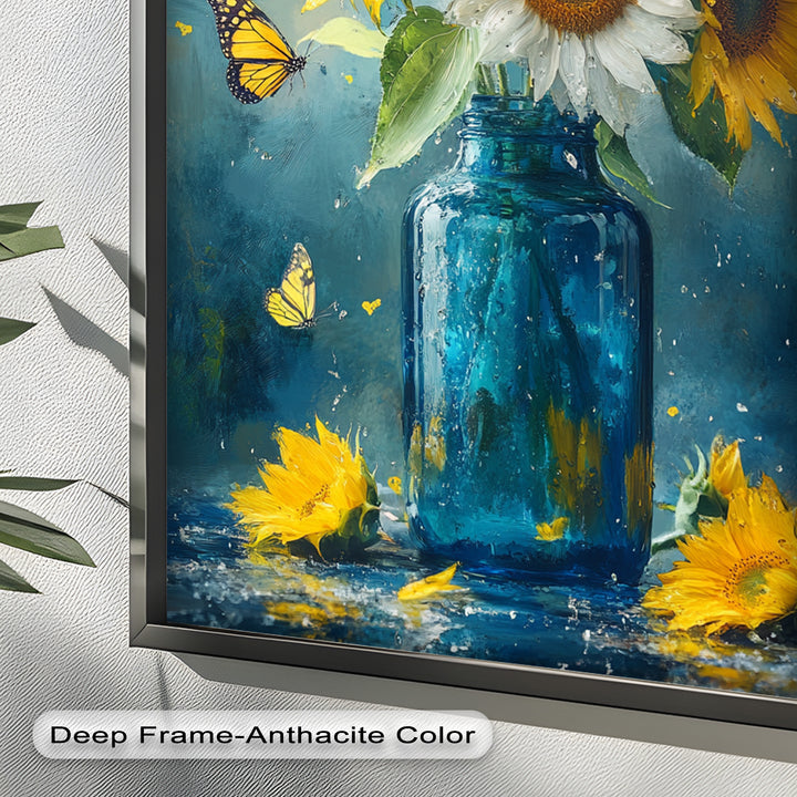 Sun-Kissed Radiance – Sunflowers in Blue Jar Flower Oil Painting