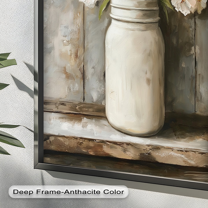 Blush & Cream Blooms – Rustic Mason Jar Flower Oil Painting