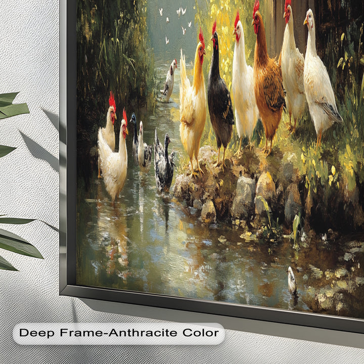 Country Farmyard Chickens by the Stream – Animal Oil Painting