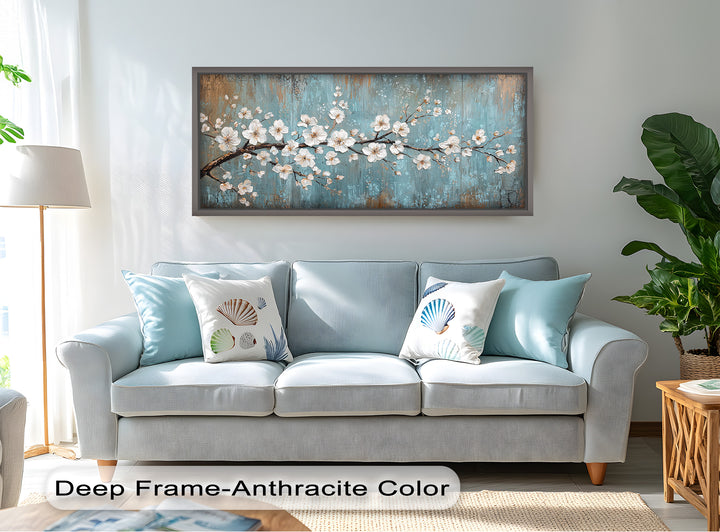 White Blossoms on Blue Textured Branch - Flower Oil Painting