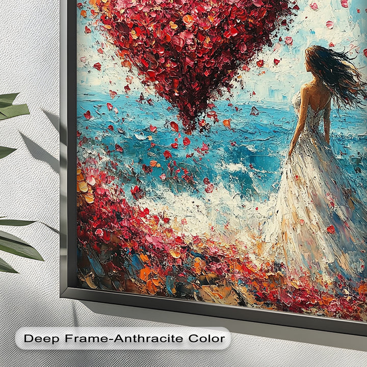 Woman with Heart-Shaped Petals Over the Sea - Love Oil Painting