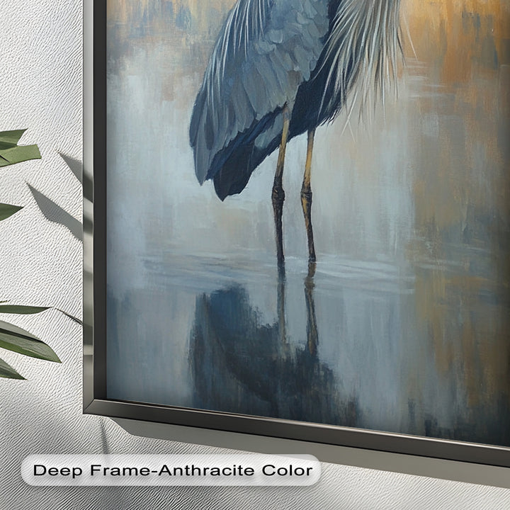Heron in Misty Marshland - Framed Oil Painting
