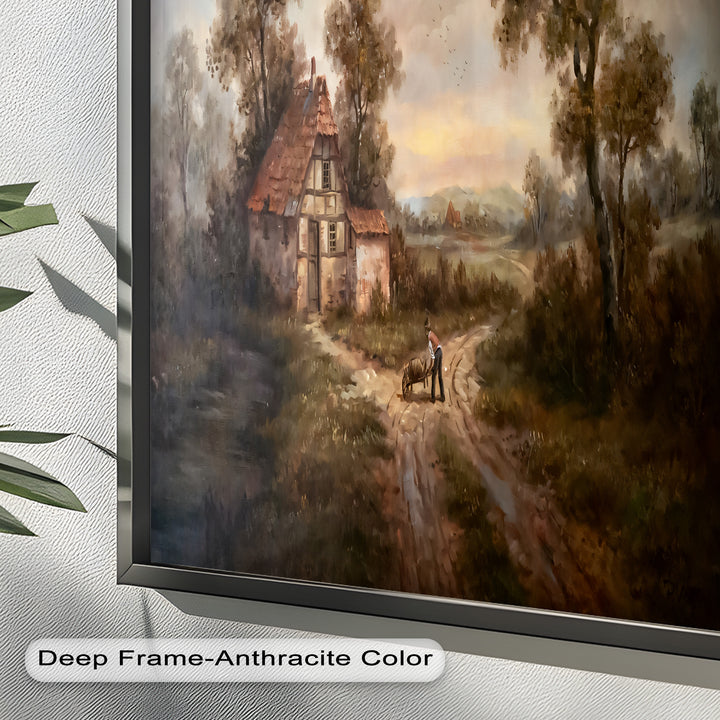 Rustikale Cottage Lane in der Abenddämmerung – Vintage-Ölgemälde