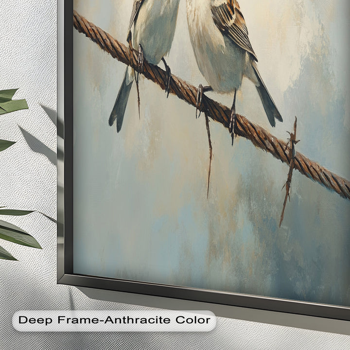 Two Sparrows on a Wire – Bird Oil Painting