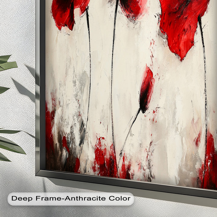 Crimson Elegance – Bold Red Poppies on Cream Flower Oil Painting