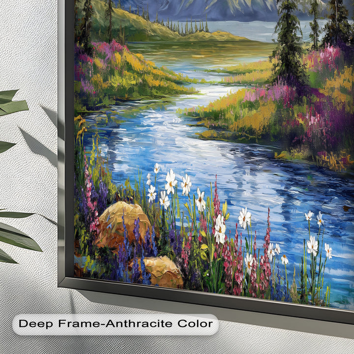 Vintage Mountains & River – Framed Oil Painting
