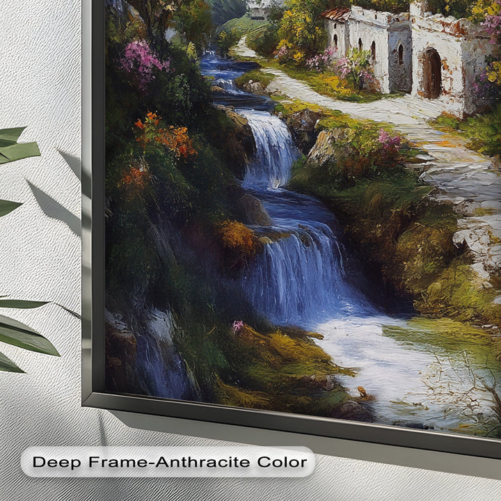 Mountain Abbey by the Falls – Serene Renaissance Oil Painting