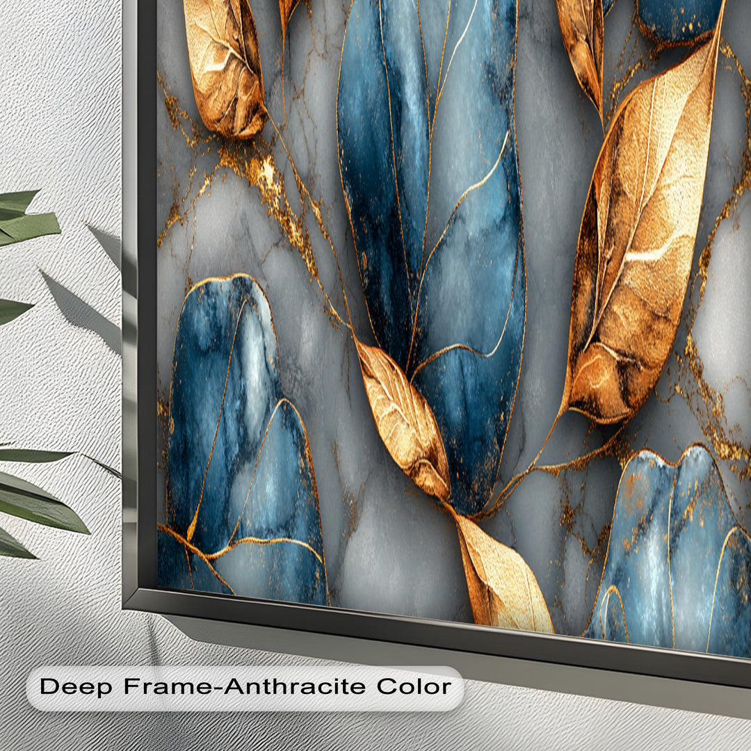 Golden Blue Marble Leaves – Botanical Oil Painting