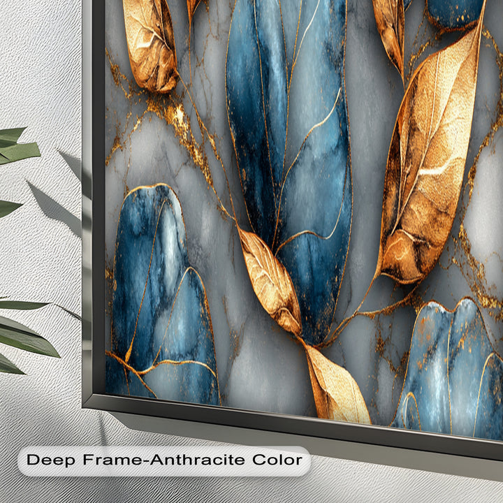 Golden Blue Marble Leaves – Botanical Oil Painting