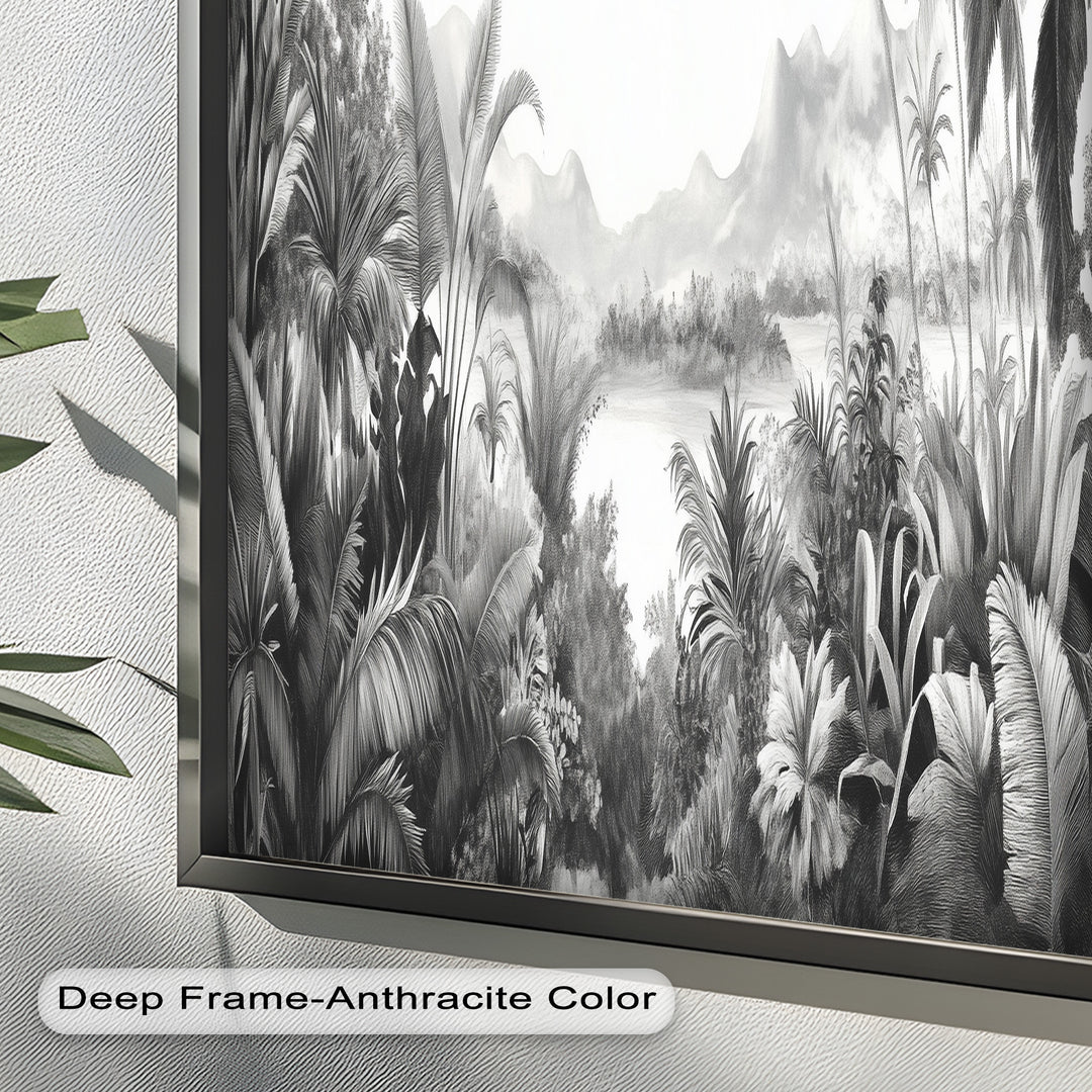 Schwarz-weiße Dschungel-Wandkunst – Tropisches Natur-Ölgemälde