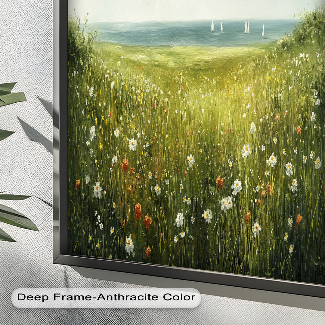 Wildflower Meadow Sea View Wall Art–Coastal Oil Painting
