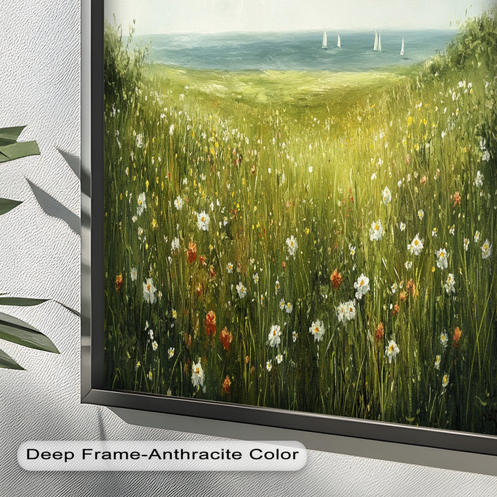Wildflower Meadow Sea View Wall Art–Coastal Oil Painting