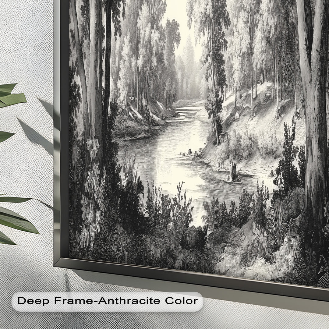 Zeitloser Waldfluss – Monochromes Landschaftsölgemälde
